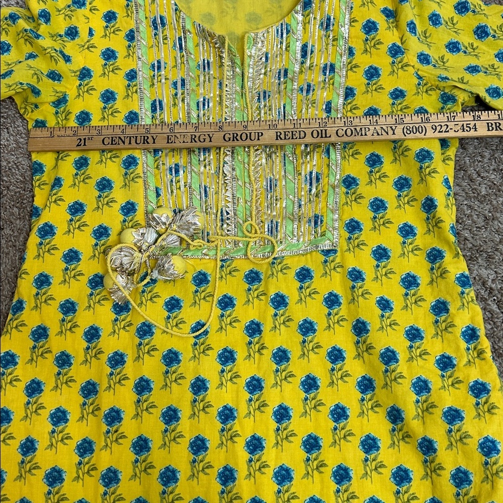 Biba Yellow Blue Floral Long Sleeve Dress Long Silt 34 Tassel‎ - Picture 10 of 14